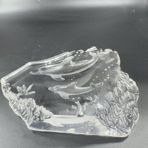 Vintage Clear Crystal Glass Plaque Paperweight Dolphins Figurine Decorative VTG - Picture 5 of 13